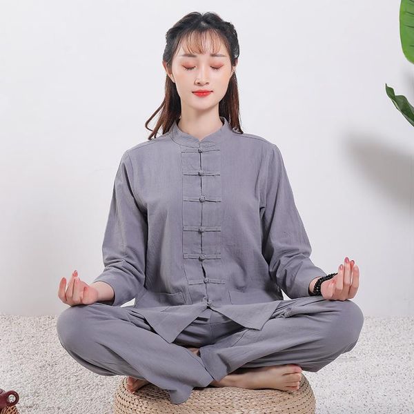

men's tracksuits aransue men and women chinese tang suit taijifu 6-color cotton linen clothing, Gray