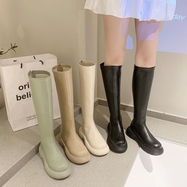 

boots 2022 casual women green 5cm high heels punk long knee thigh winter designer soft leather platform cowboy, Black