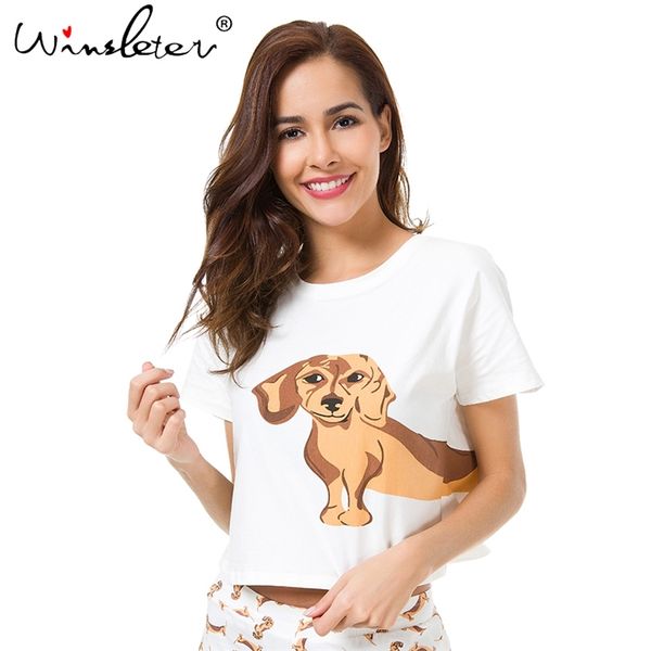 

cute sleep women white pink summer dachshund print loose short sleeve plus size cotton t shirt blusas femininas t6651 210421