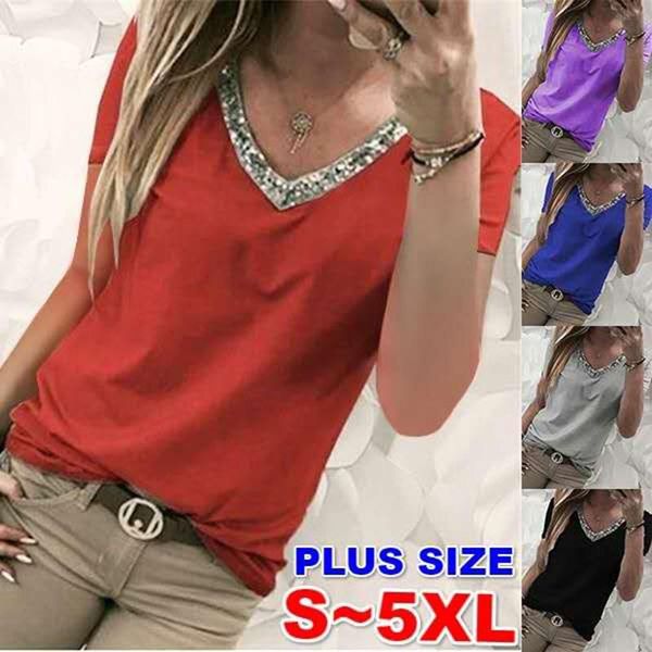

fashion summer women's casual clothing v-neck sequins short sleeved t-shirt plus size loose s-5xl, White