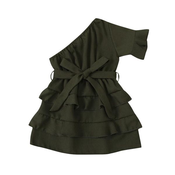 

girl's dresses toddler baby kids girl summer solid one shoulder short sleeve ruffles layered sundress party princess dress, Red;yellow