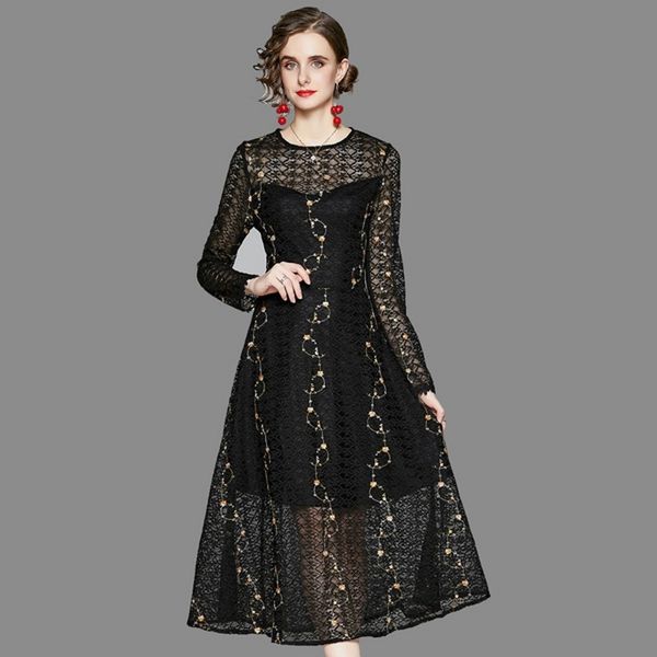 

fashion brand designer runway women summer o neck long sleeve floral lace embroidery elegant party a line dresses 210514, Black;gray