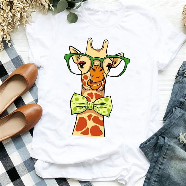 

cartoon giraffe flower animal women t shirts fashion 90s trend tee clothes graphic, White