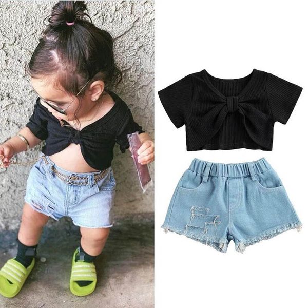 

kids clothing sets girls outfits baby clothes children suit summer bow short-sleeved t-shirts hole denim shorts 2pcs b7500, White