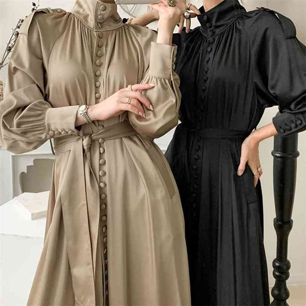 

elegant spring designturtleneck gloss dress womens single-breasted lace-up waist lantern sleeve midi lady long 210508, Black;gray