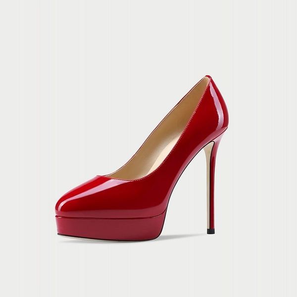 

design shoes women pumps patent leather round toe 3cm platform 12cm thin high heels wedding ladies party dress, Black