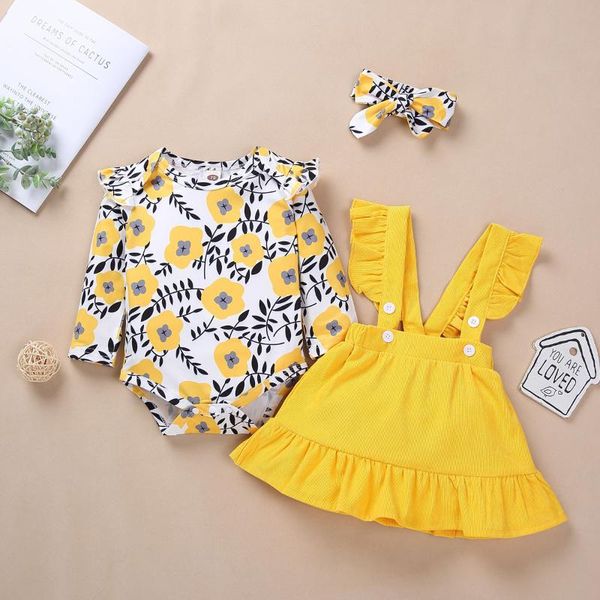 

fall baby girl fashion 3 pieces clothes flower print long sleeve jumpsuit + solid color suspender skirt+ headband clothing sets, White