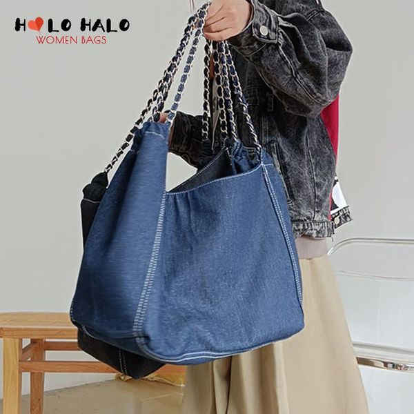 

evening bags niche denim canvas shoulder casual female metal chain purses and handbags simple solid color high capacity desiger bag 2021