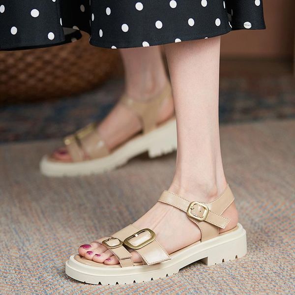 

sandals platform women genuine leather chunky heels shoes for 2021 summer party office lady woman flat, Black