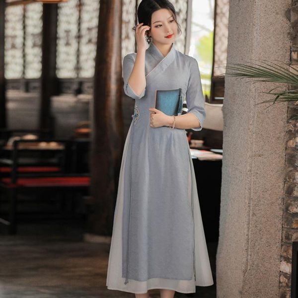 

party dresses 2021 vintage ethnic style patchwork women's dress embroidery cheongsam female elegant fake two ladies, White;black