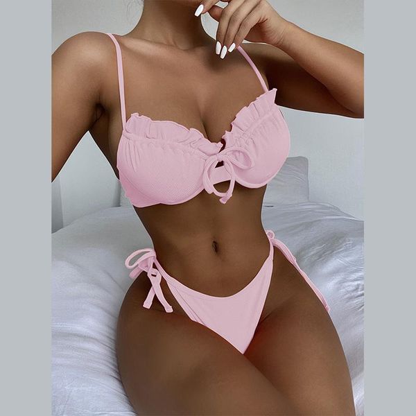

women's swimwear 2021 solid color underwire women two piece bikini set bow bandage push up biquini fashion beachwear bathing suits, White;black