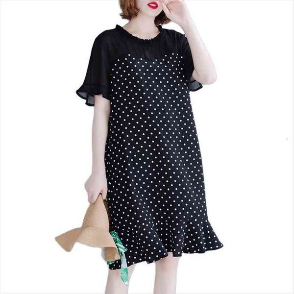 

2022 chiffon summer plus size womens dresses clothing wave dot loose lotus leaf fishtail midi, Black;gray