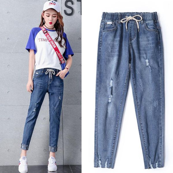 

thin women's jeans trousers with ripped elastic waist european and american style slim fit, Blue