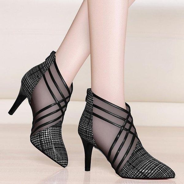 

dress shoes fashion mesh lace crossed stripe women ladies casual pointed toe high stilettos heels pumps feminine mujer sandals 2021 hj, Black