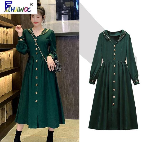 

casual dresses 2021 spring fall long women sleeve cute sweet v neck retro vintage button shirt dress green 2715, Black;gray
