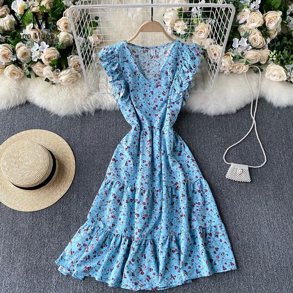 

yuoomuoo women dress summer 2021 v-neck floral print boho beach ruffles sleeveless a-line holiday sundress robe casual dresses, Black;gray