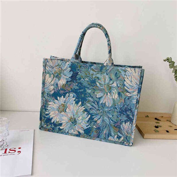 

shopping bags large capacity canvas women's reusable foldable handbag environmental oil painting flower shoulder tote 220301