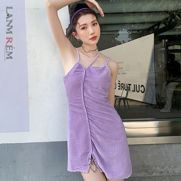 

women purple dress striped spaghetti strap asymmetrica temperament loose fit fashion tide summer 2h603 210507, Black;gray