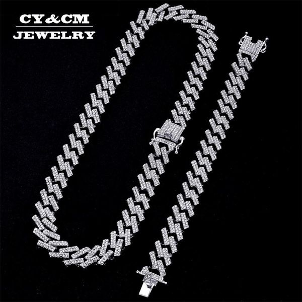 

15mm miami prong cuban chain link silver color necklaces 2 row full iced out rhinestones bracelet set for mens hip hop chains x0509, Black