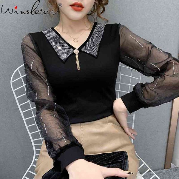 

women's t-shirt spring fall korean style cotton girls fashion diamonds patchwork mesh puff sleeve women all match tees t, White