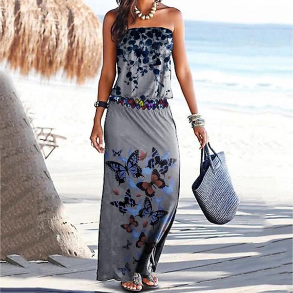 

casual dresses butterfly print strapless dress woman off shoulder tunic long women's summer sundress boho beach for women 2021, Black;gray