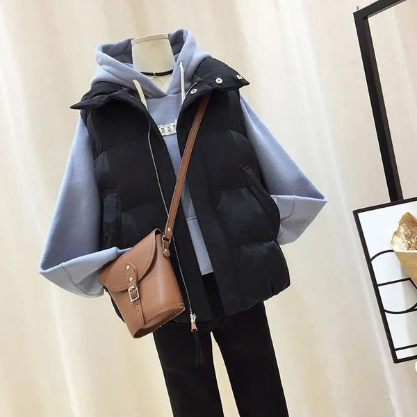 

women's vests vest jacket for women winter add thicken all-match zipper solid color waistcoat plus size warm short sleeveless cotton cl, Black;white