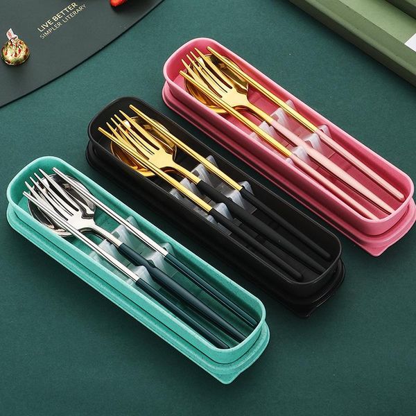 

forks stainless steel portable tableware student travel lunch box three-piece fork spoon chopsticks wheat set