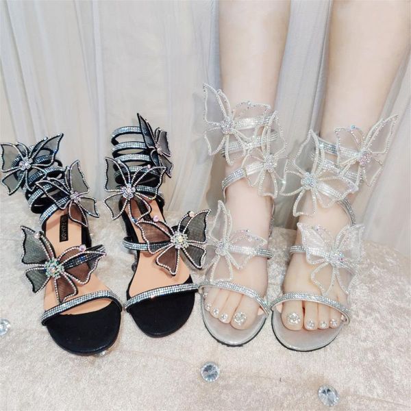 

handmade fantasy butterfly fairy female sense rhinestone thick heel with open toe high snake sandals slippers, Black