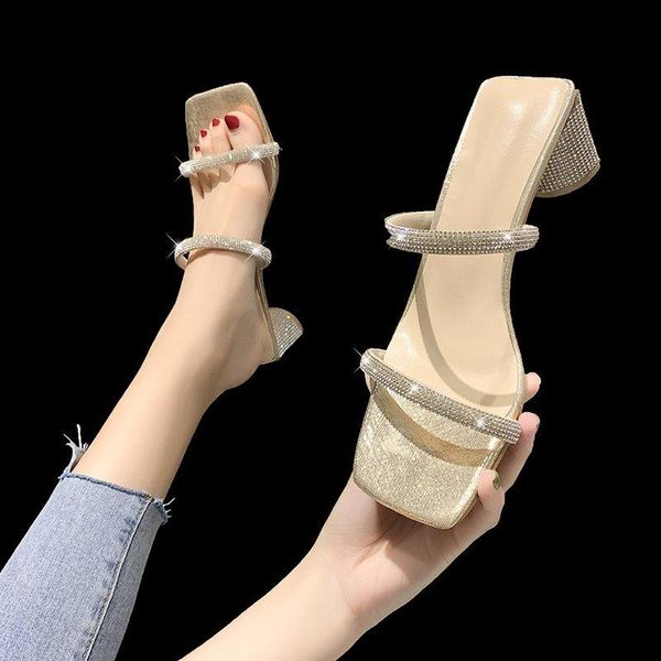 

strange style high heel slippers women crystal narrow band shoes summer elegant open toe slides, Black