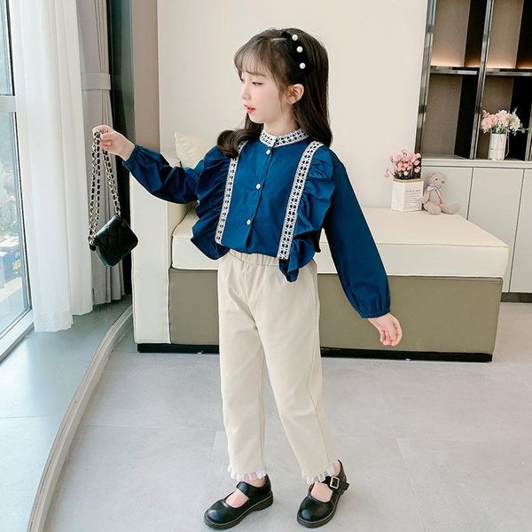 

clothing sets kids party suit for girls tracksuit elegant ruffles blouse pants high waist elastic girl spring autumn teen set, White