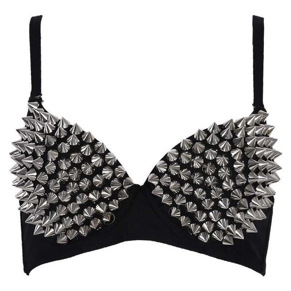 Reggiseno da ballo sexy con rivetti a punta all-over da donna, stile punk metallizzato, abbigliamento da discoteca W715 210623