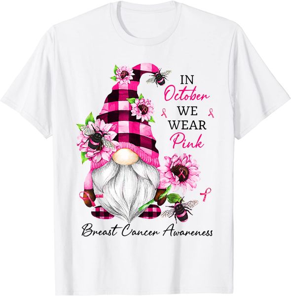

women's t-shirt in october we wear pink gnome breast cancer awareness, White