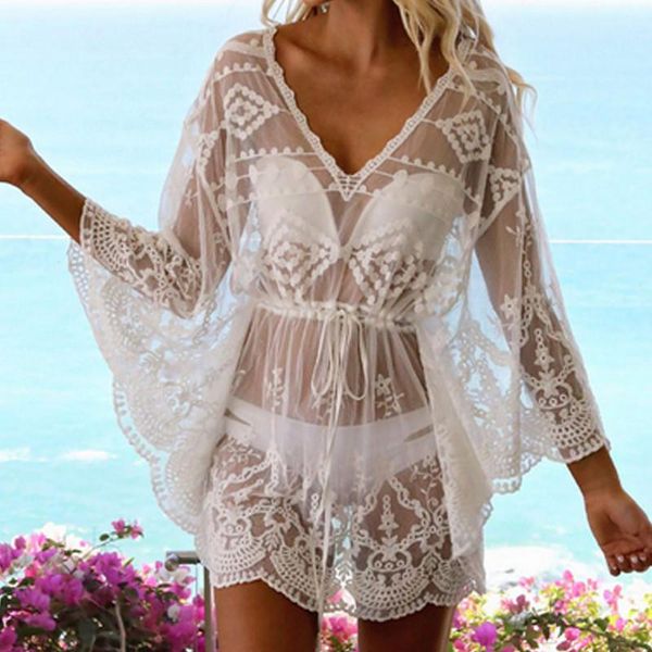 

fashion women hollow out bikini beach swimwear floral lace mesh sheer summer cover up dress women's, White;black