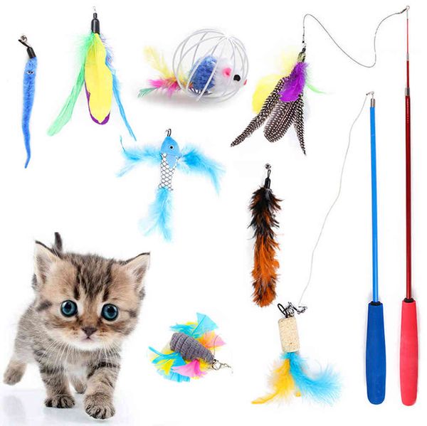 

pet toy retractable cat toy feather bell interactive cat 10 piece set retractable comical stick feather clock interactive set