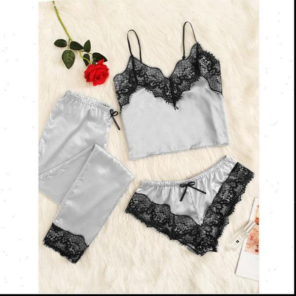 

3pcs satin lace pyjamas womens sleepwears set homewear nightwear outfits, Black;red