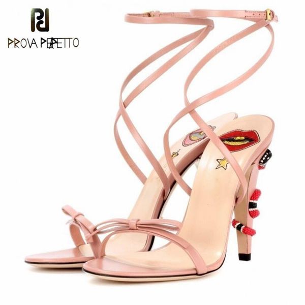 

prova perfetto women high heels sandals summer small snake heel shoes straps buckle peep toe butterfly-knot party feminino dress, Black