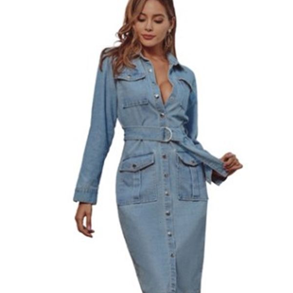 

casual dresses designer elegant denim casual shirt dresses buttons long sleeve high waist polly women knee length big pocket with belt c6wl, Black;gray
