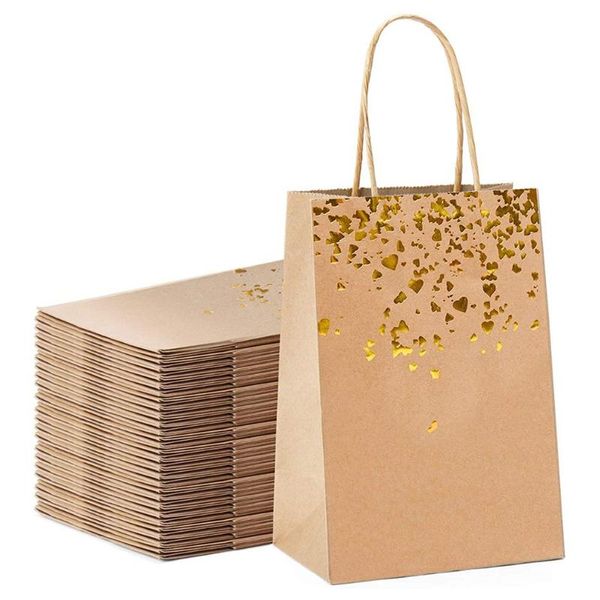 

storage bags 10pcs gift bag kraft paper with handle recyclable yellow leather love handbag birthday wedding christmas celebration