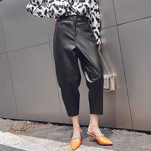 

women's pants & capris stylish pu faux leather women high waist pockets trousers plus size streetwear harem pantalon femme, Black;white