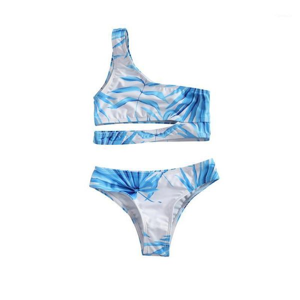 

6-13y summer kids baby girl swimwear blue floral print one shoulder hollow shorts swimsuit holiday beachwear 2pcs one-pieces, Black