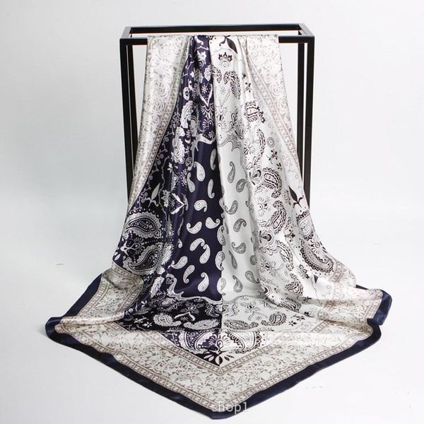 

scarves 90*90cm fashion flower print large square for ladies accessories wraps shawls silk head women scarf foulard, Blue;gray