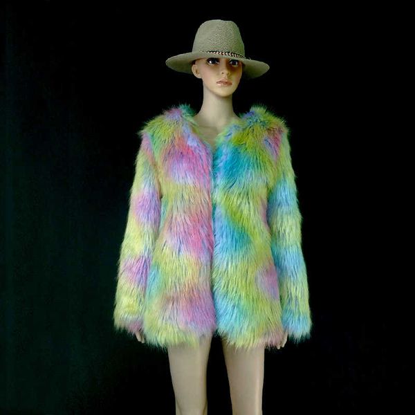 

color contrast imitation fur coat women's multicolor haining medium and long fur fashion fur 211207, Black