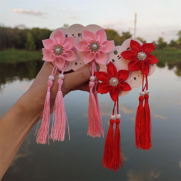 

hair accessories hefeng band with diamond tassels handmade to clip red windmill flower children's hanfu hairpin, Slivery;white