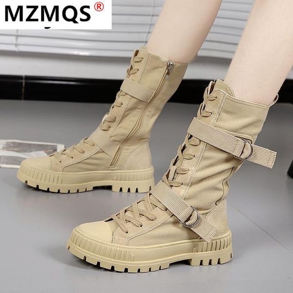 

boots autumn women nakle canvas round toe mid heel for woman 2021 fashion platform lace up buckle botas mujer size 35-40, Black