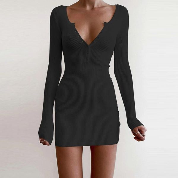 

casual dresses woman v-neck tight knitting dress black robe knitted bodycon white midi solid color women fall outfit, Black;gray