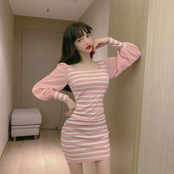 

anglo-american accept waist party led lady show thin stripe splicing chiffon package hip fashion dress tide temperament casual dresses, Black;gray