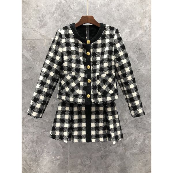 

color matching korean coat skirt two-piece womens clothing autumn european goods new plaid suit 9z, White