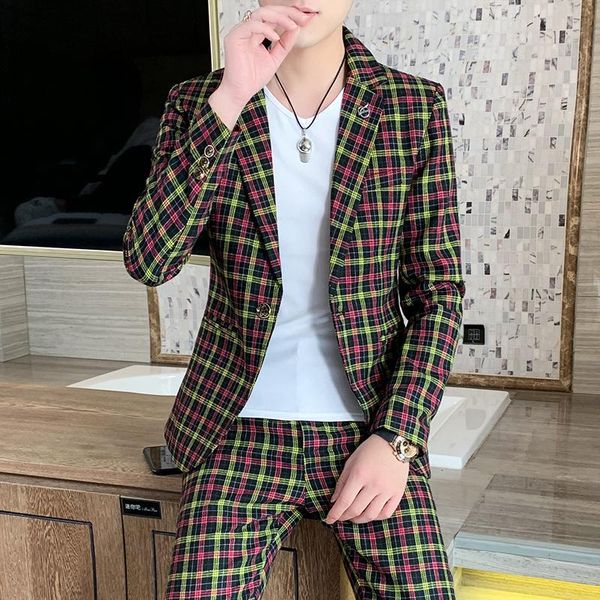 

men's suits & blazers (blazers +pants ) korean fashion set casual business little plaid 2 piece jacket coat trousers suit male slim fit, White;black