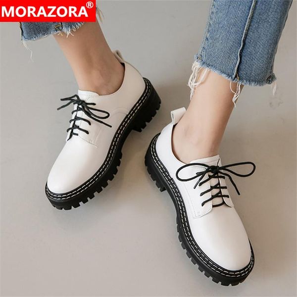 

dress shoes morazora 2021 autumn fashion lace up genuine leather women med heels round toe black white color ladies casual