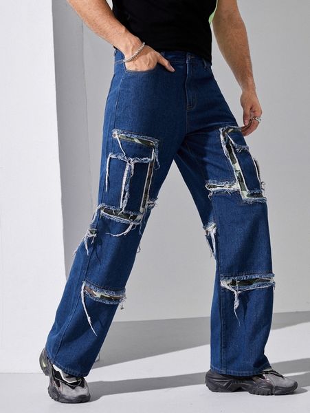 

men ripped straight leg jeans y8v2#, Blue